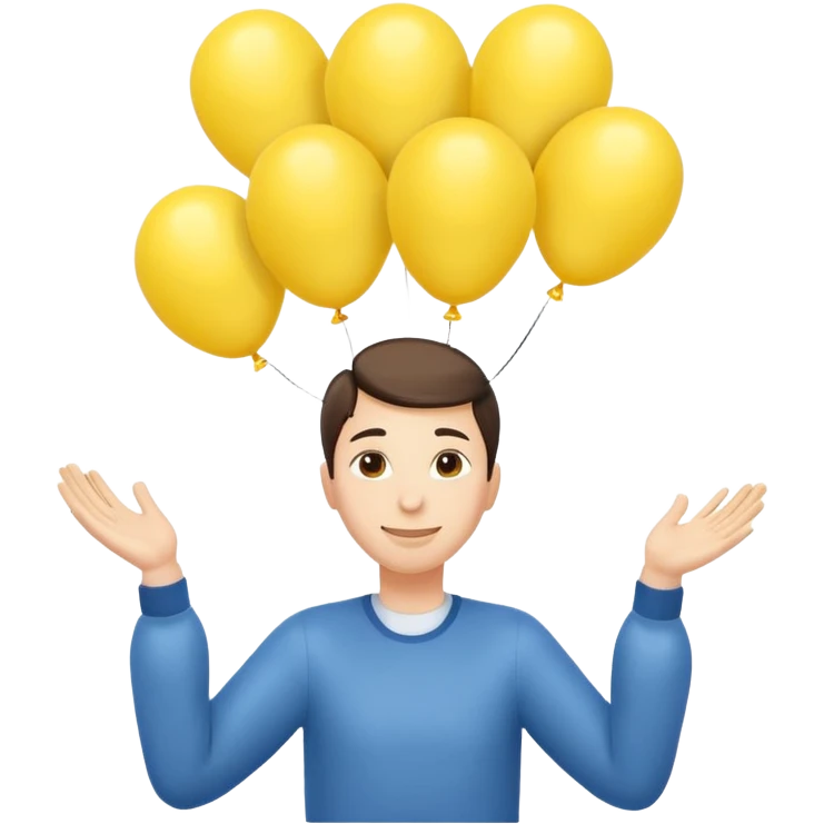 человек зацепился о шарики желтого цвета и летит вверх, видно только голову и шарики и руки emoji