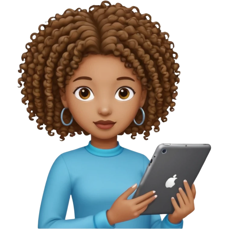 Black girl with curly ponytail holding ipad emoji