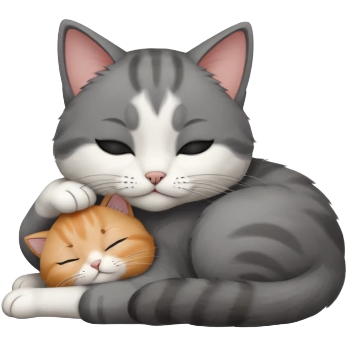 dark grey and white small cat with his eyes closed, leaning his head on his paw while leaning on his elbow lying down emoji