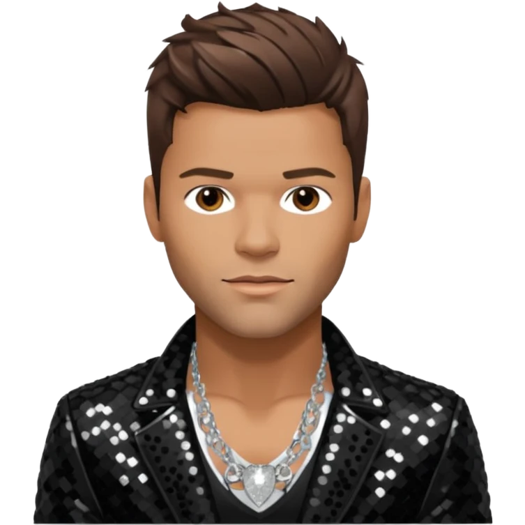 Ricky Martin with brown hair, black sequin jacket, shirtless with necklace emoji
