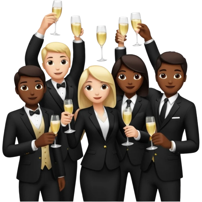 Un equipo cin trajes negros, personas blancos y negros de ventas celebrando un logro con un brindis. El fondo negro totalmente  emoji