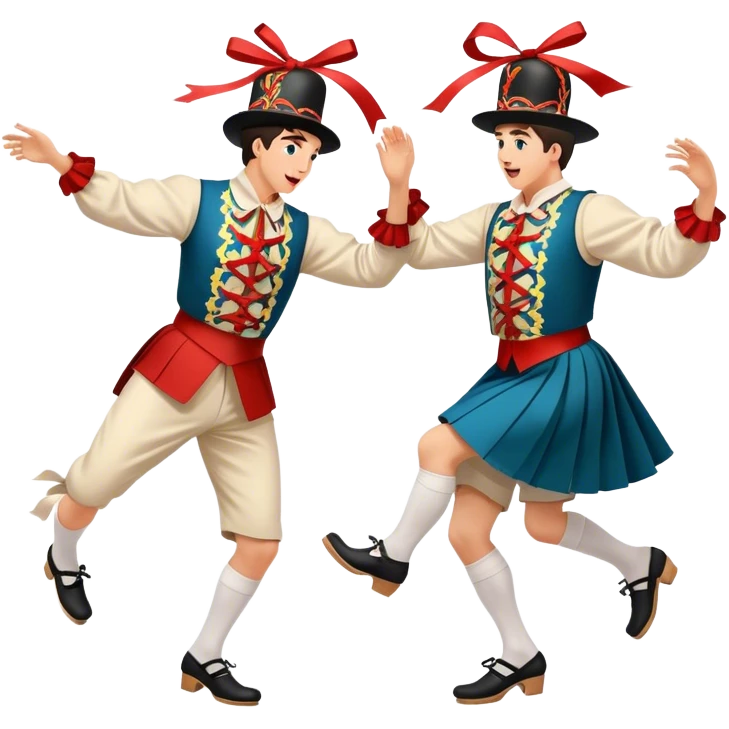 Cinematic Realistic scene of two performers executing a Morris Dance in full traditional costume—with bells, ribbons, and clogs—captured in dynamic motion against a rustic English backdrop and warm, golden lighting emoji