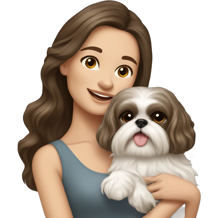 Young brunette hair woman with a cream shih tzu in her arms long wavy hair emoji