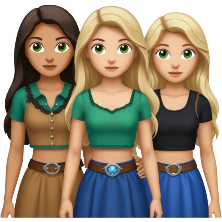 Three women, light skin with dark blonde long hair with green eyes in crop top, tan skin black long hair with brown eyes in western wear, and light skin long blonde hair with blue eyes wearing a dress emoji