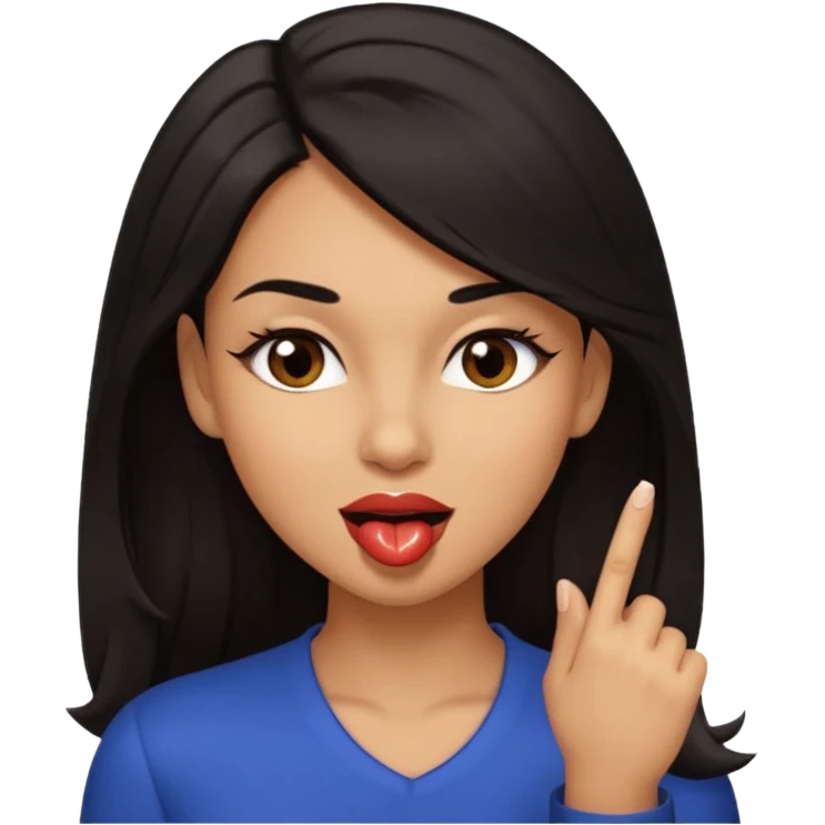 black slighty browin hair light brown skin woman, flirtatious gesture, biting her finger and winking emoji she also has tall hair and brown eyes emoji