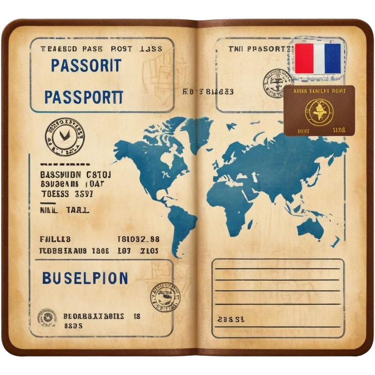 Passport with travel stamps and boarding pass emoji