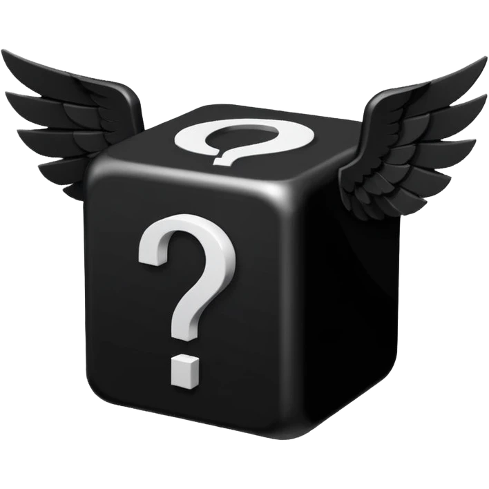 Black cube with black wings and has a white question mark emoji