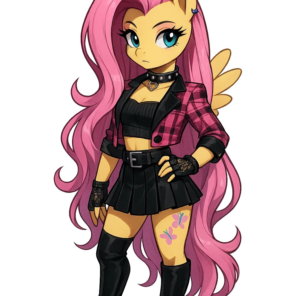 Fluttershy in a Blackpink-inspired style, wearing a trendy outfit, with pink and black accents, transparent background emoji