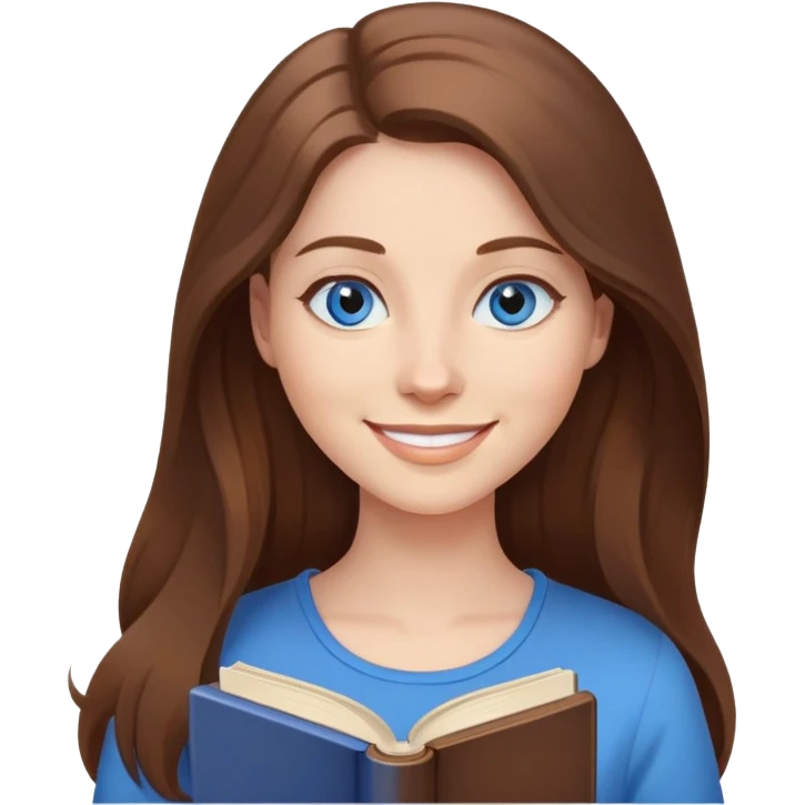 Woman with long brown hair and blue eyes holding a book and smiling  emoji