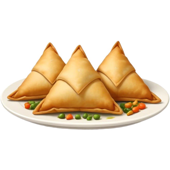 Cinematic Realistic Samosas Dish Emoji, depicted as golden, crispy pastry pockets filled with spiced vegetables rendered with detailed textures and appetizing lighting. emoji