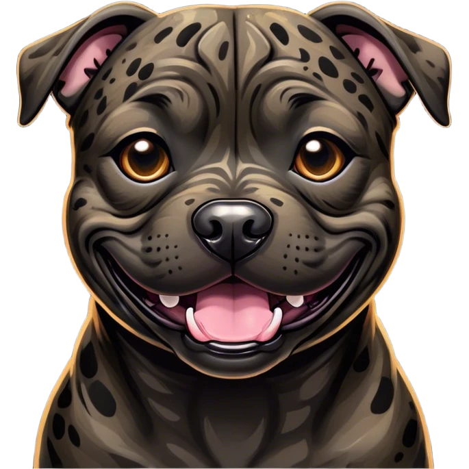 Cinematic Comical Black/Brindle Staffordshire Bull Terrier Portrait Emoji, Head tilted dramatically with an exaggeratedly amused expression, featuring a striking Fur with bold black and brindle patterns, wide, expressive dark eyes filled with playful disbelief, Simplified yet hilariously expressive features, highly detailed, glowing with a slightly sassy glow, high shine, dramatic yet playful, stylized with an air of cheeky mischief, bright and endearing, soft glowing outline, capturing the essence of a spirited and over-the-top guardian, so meme-worthy it feels like it could side-eye its way into internet fame instantly! emoji