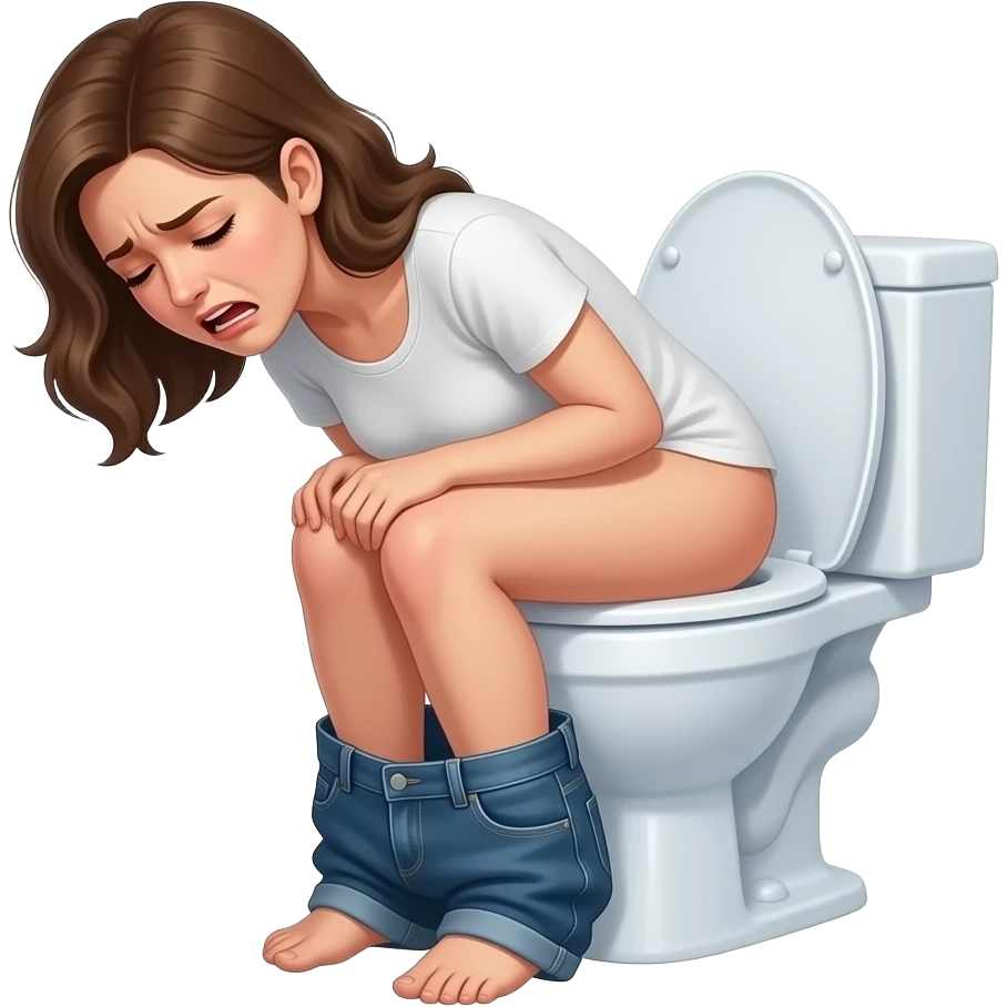 Naked Woman on toilet pants down shirt on grunting suffering emoji