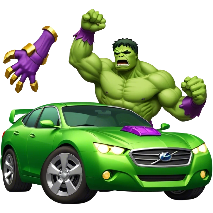 Vengeful hulk smashing a car wearing infinity gauntlet emoji