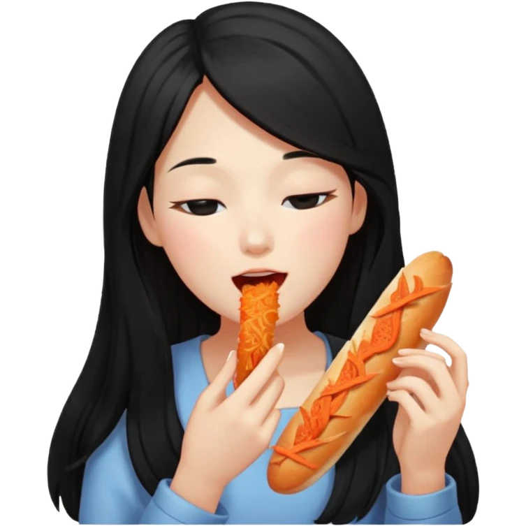 Girl with black long hair eat kimchi close eyes baguette emoji