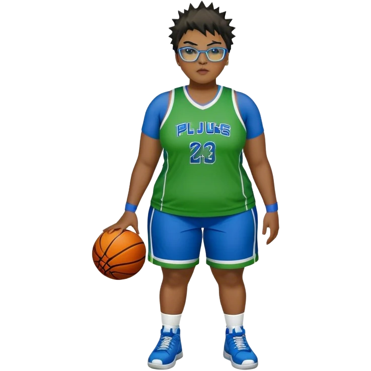 full body white plus size women basketball player with short spiky dark hair with added blond highlights wearing blue glasses wearing green and blue uniform emoji