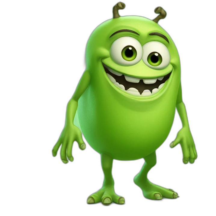 Mike wazowski with legs, looking into his phone and laughing, 8k, super realism, super detail, light green background emoji