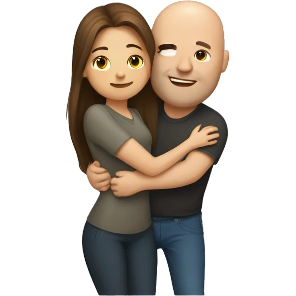 Long brown hair girl hugging bald chubby guy emoji
