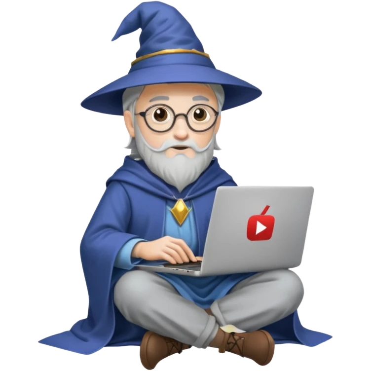 A wizard sitting with a laptop on his lap, the laptop looking like a Mac but with the YouTube logo on it emoji