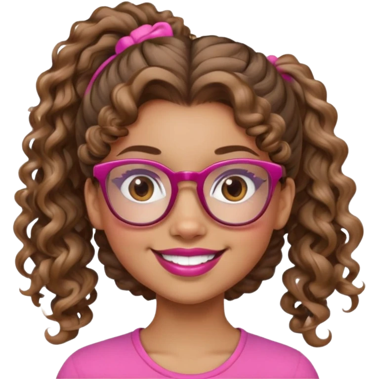 Smiling girl with glasses and pink big lips and light brown skin eyes and curly hair in a ponytail  emoji