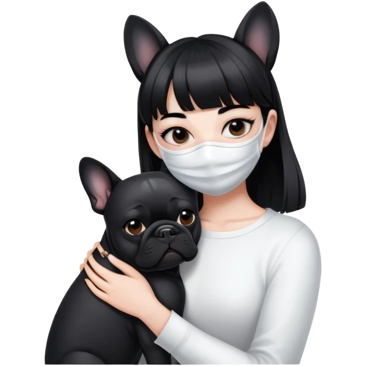 girl with short black straight bangs hair wearing a white mask and hugging a black French bulldog emoji