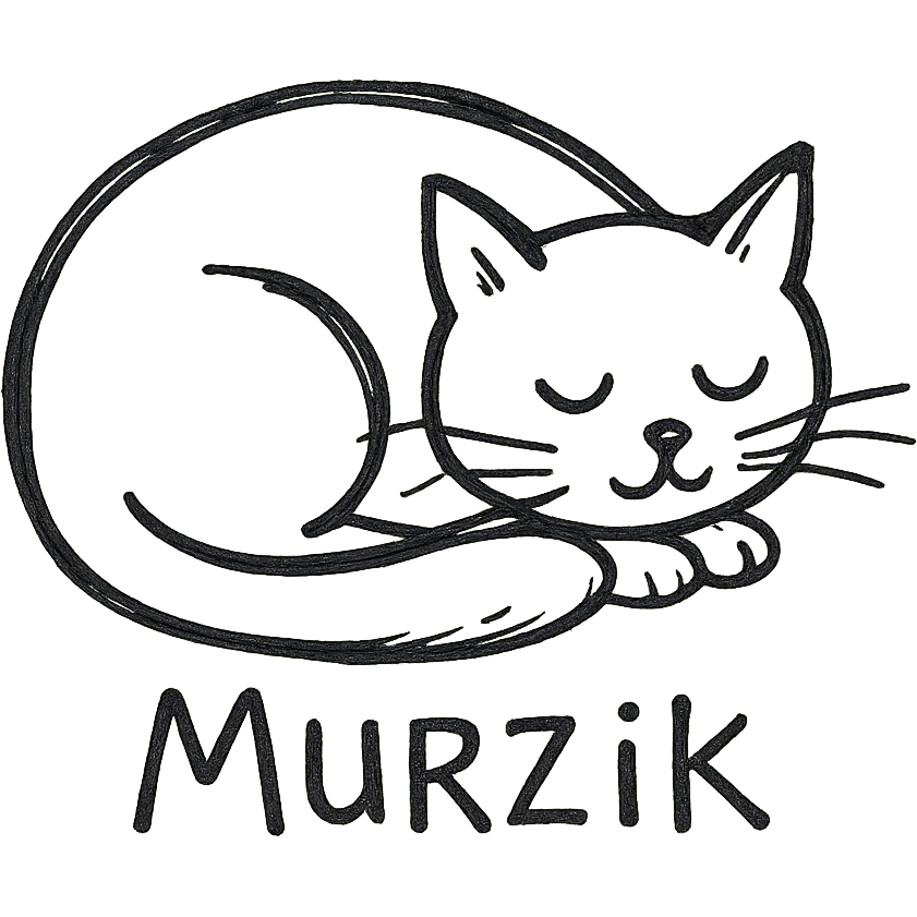 hand-drawn black outline icon of a cat named Murzik, curled up and sleeping emoji