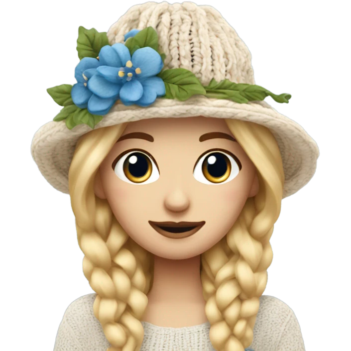 beautiful finnish golden hair woman with blue eyes knitting floral hat emoji