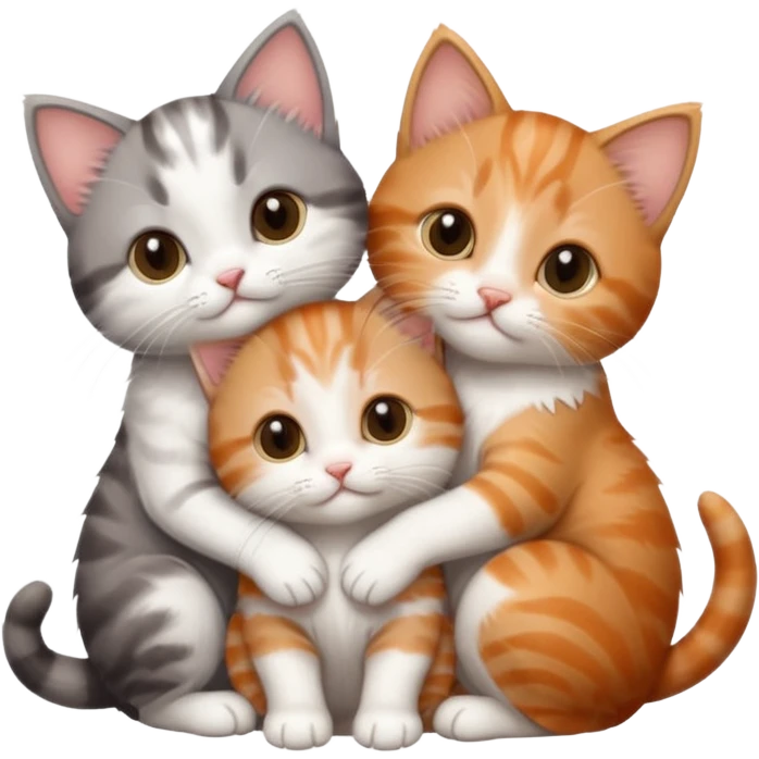 3 very small kittens cuddling together all different colours, the first one is grey and white, the second is ginger and white and the third is brown tabby and white emoji