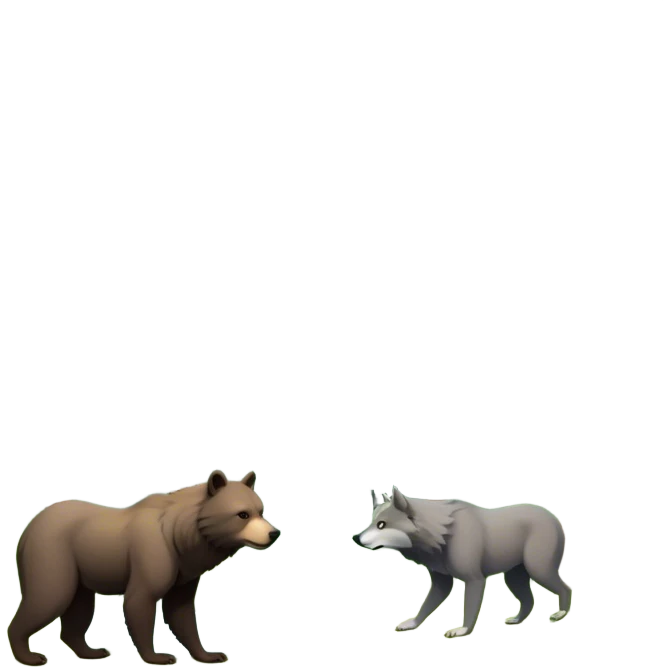 Collage of a bear and a wolf in a beautiful forest, surrounded by tall trees, green foliage, and a serene river. The animals are in their natural habitat, showcasing strength and majesty. A vibrant and peaceful wilderness scene with a transparent background. emoji