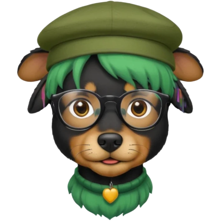 fully black dog, green haired, glassess and a hat emoji