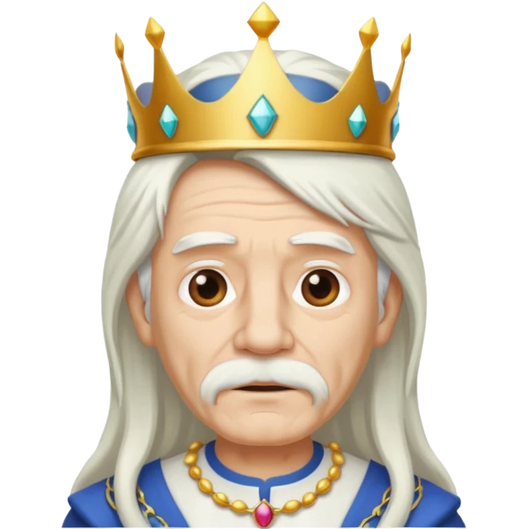 old man with long white hair and no moustache wearing a white shirt and a crown emoji