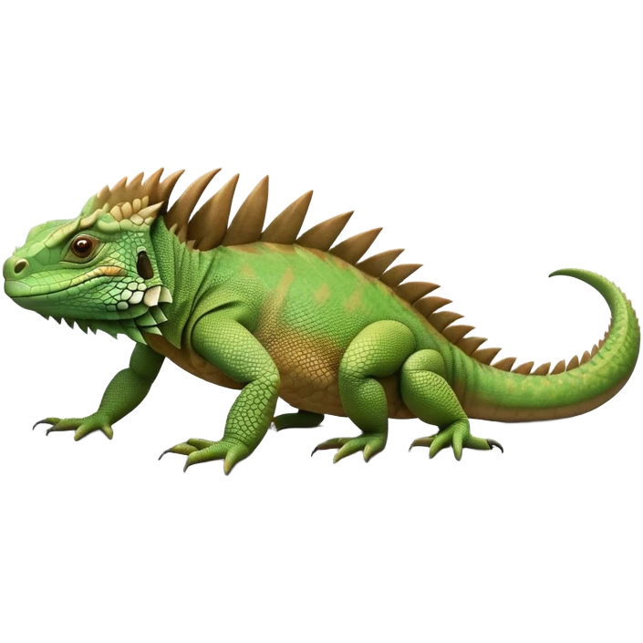 cinematic-iguana-realistic-full-body-basking-emoji,-long-scaly-body-stretched-out,-spiny-ridge-running-down-its-back,-textured-green-and-brown-skin-dappled-with-light,-sharp-intelligent-eyes-studying-the-surroundings emoji
