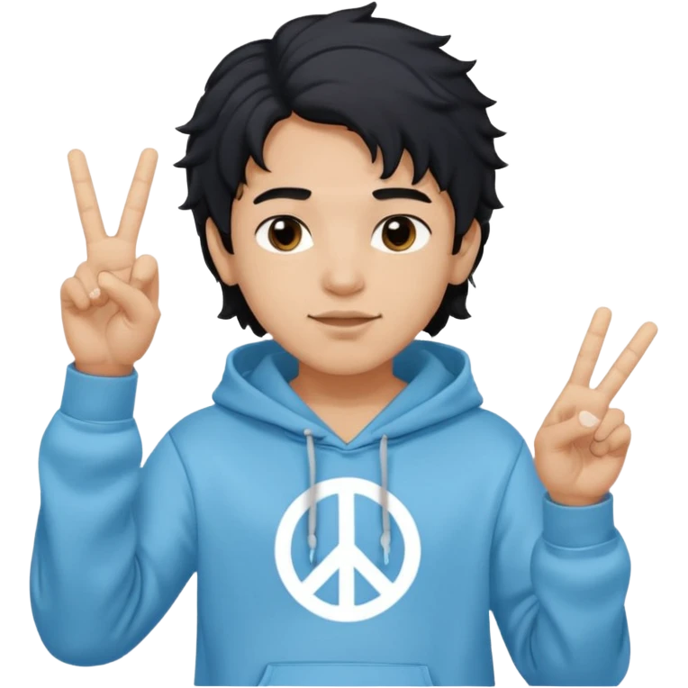 An indian boy in a light blue hoodie with wavy flow hairstyle showing peace sign, with black hair color emoji
