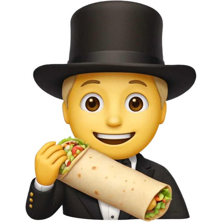 Generic classic yellow basic emoji face with a black top hat eating a burrito emoji