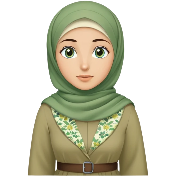 Turkish beautiful finish Konya girl blue eyes and green khaki hijab and light green floral dress and she go out on office emoji