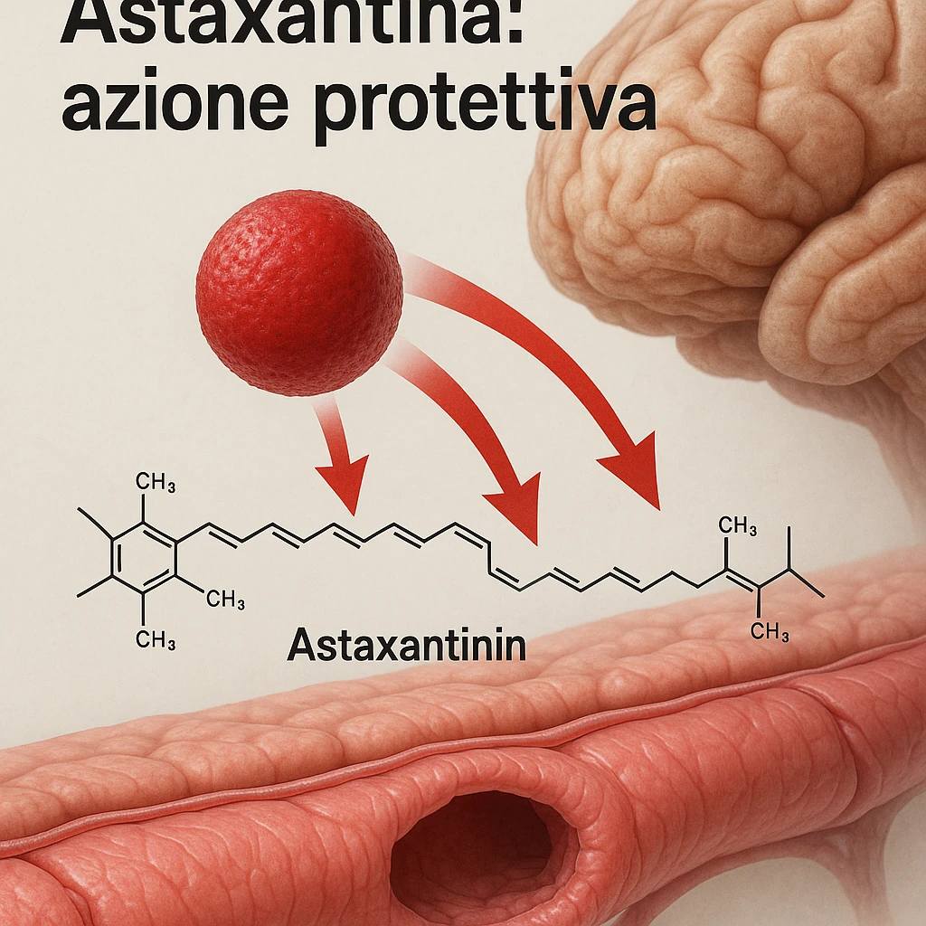 hyper realistic red astaxanthin molecule crossing an anatomical blood-brain barrier, scientific atmosphere, light background, red arrows, with text 'Astaxantina: azione protettiva' emoji