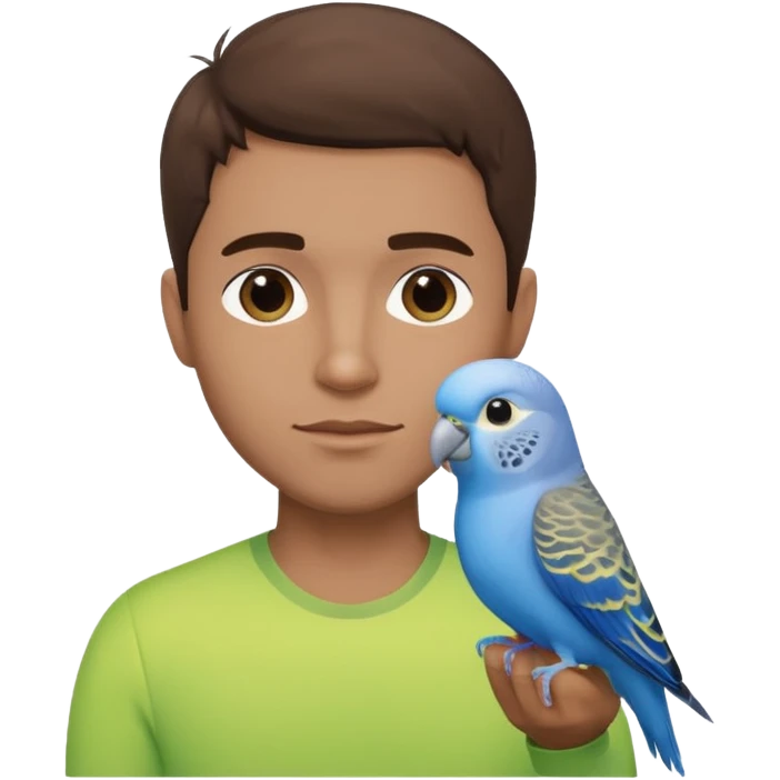 blue budgie parakeet with handsome Cuban brown haired man no beard emoji