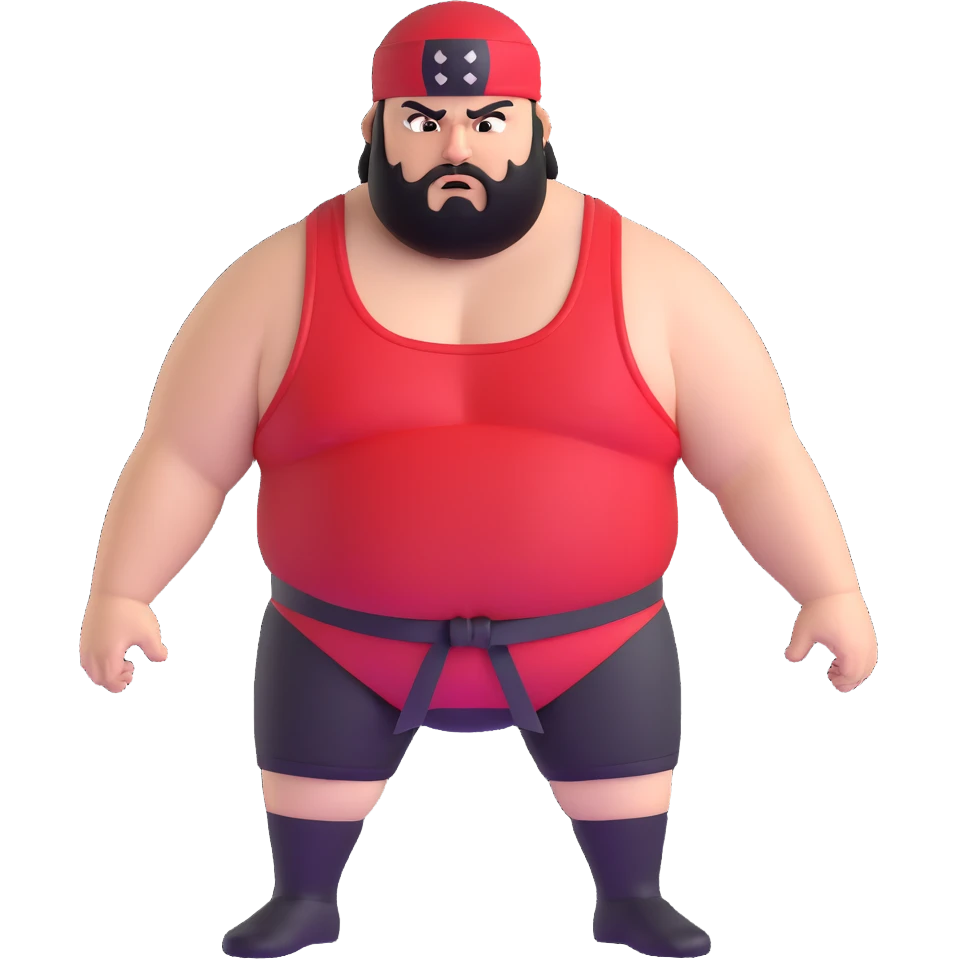 Extreme close-up of face of morbidly obese white skin guy with young face, prominent BLACK DURAG tied clearly on head, black beard but no mustache, clean shaven upper lip, black eyes in a red and black wrestling singlet with angry expression emoji