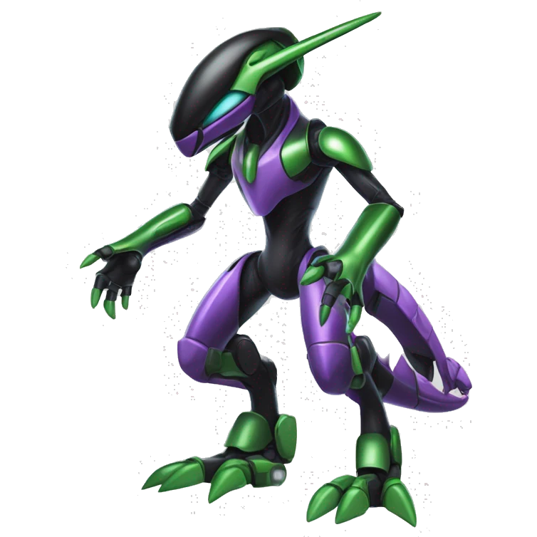 a shiny black-green-purple Genesect-Flygon-Raptor-Fakémon-Medabot-hybrid with a futuristic visor-helmet full body emoji