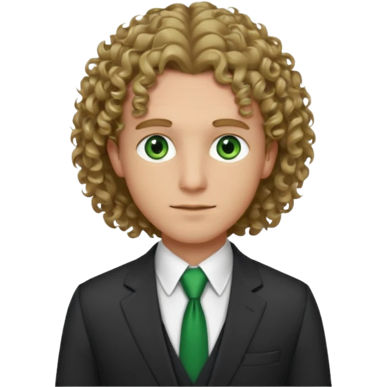 Male, wearing a suit. fair complexion, green eyes, shoulder length dark blonde curly hair, bar slinger emoji