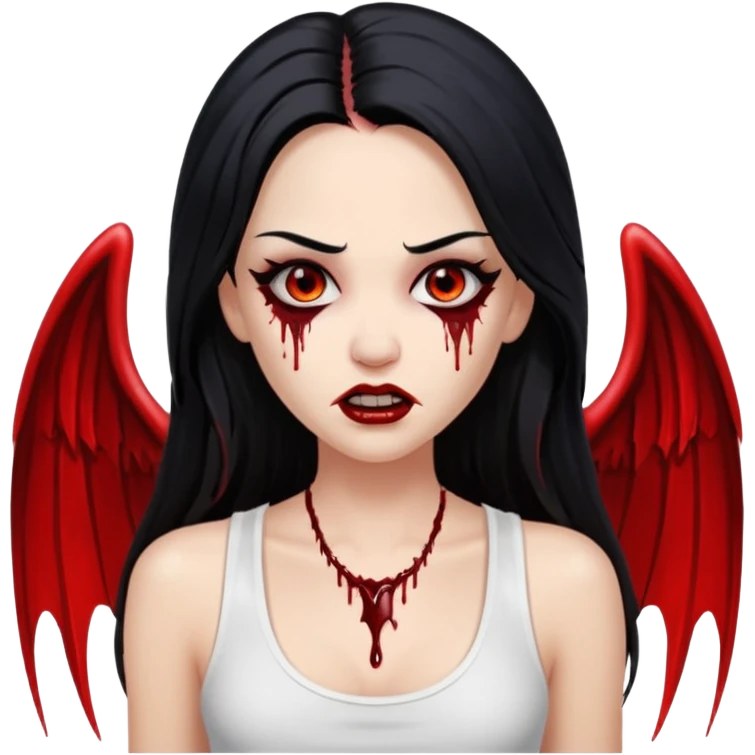 White woman with a white tank top long black hair glossy middle part long hair vamp look with fangs or blood dripping down lips brown eyes eyeliner winged with lashes top and bottom white border emoji