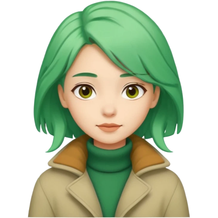 Girl with green hair wearing warm winter coat with a relaxed posture and friendly face emoji