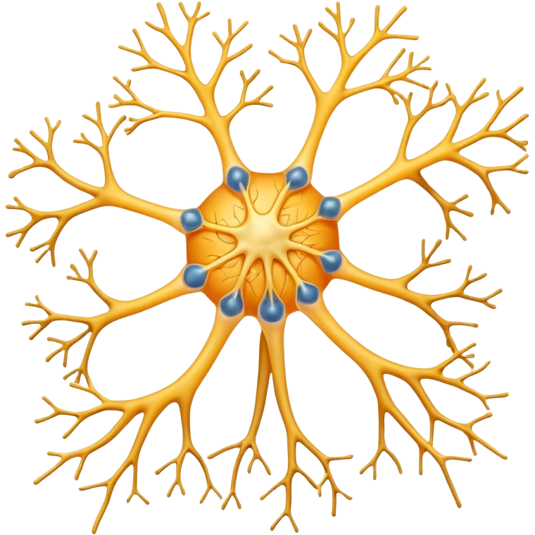A scientifically accurate nerve cell with the 3 main components, dendrites on the cell body on one side , a long axon and a few dendrites at the other side. emoji