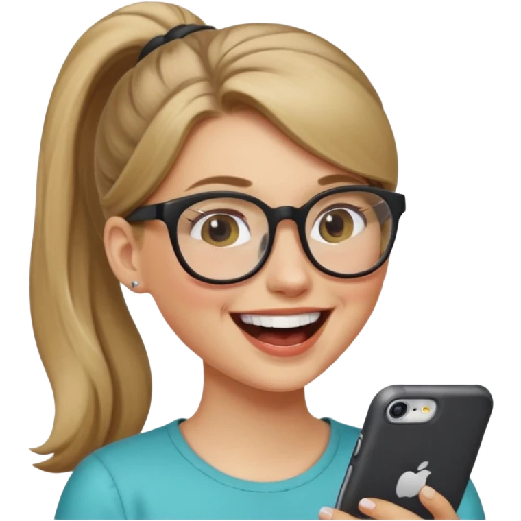 White girl with dark blonde hair in a ponytail and glasses laughing emoji