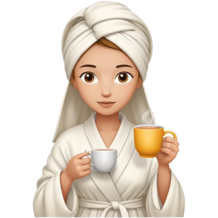 girl hair wrapped in towel wearing robe holding tea with hands emoji