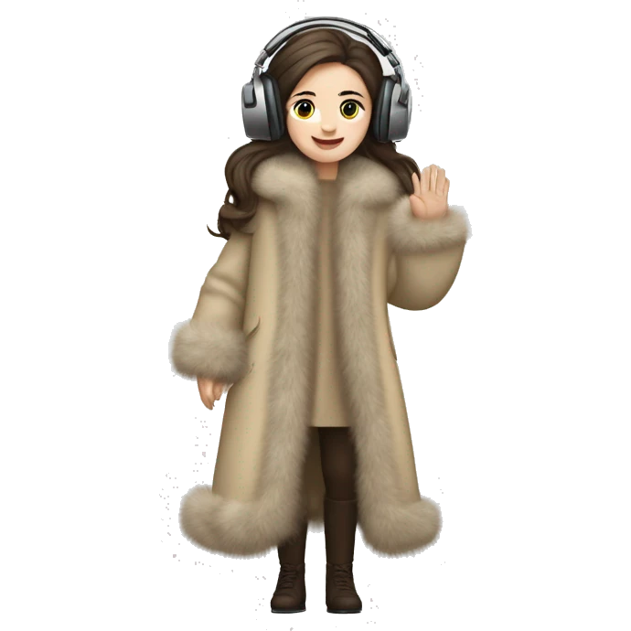 Posh pale long hair brunette girl in beige fur coat and fur headphones waving emoji