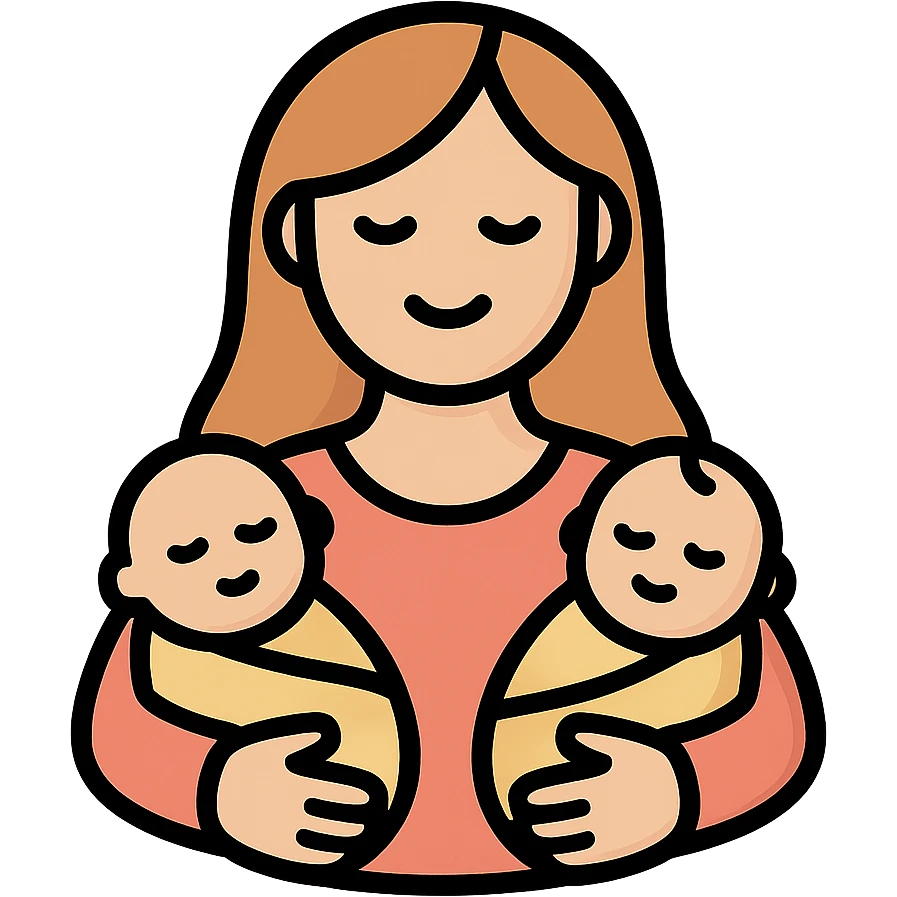 mother holding two babies in her arms, expressive detailed vector illustration, simple lines, shadows and highlights, soft beige palette, elegant gentle warm, clear facial features, smooth hair, warm loving expression emoji
