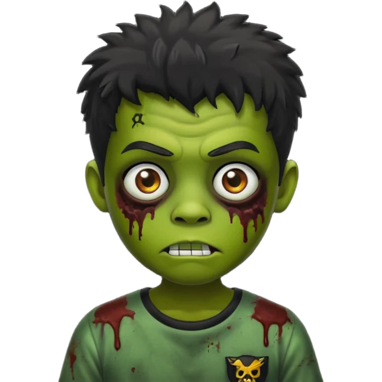 crie um zumbi menino bonito, com aparencia jovem igual, com cabelo preto, curto, com franja, o estilo do cabelo do zumbi seria o mesmo dos meninos de cabelo liso bagunçado do pinterest, faça ele com uma camisa preta emoji