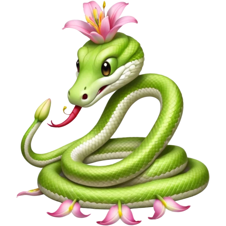 A cute, friendly, fluffy, light green and white snake
with a pink lily flower on its head
(no sting) emoji