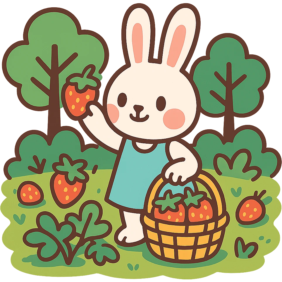 bunny picking strawberries in the woods, sweet pastel red, vibrant-toon style emoji