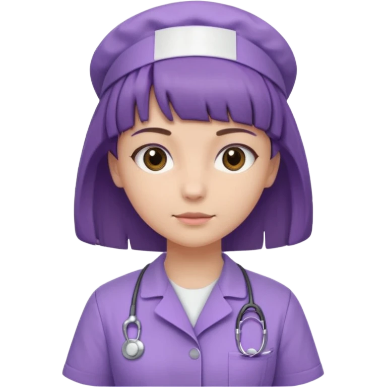 A young female slim nurse with short Brown hair with fringe over her forehead, wearing larvendar purple working cloth, show her hair style without any head wear emoji